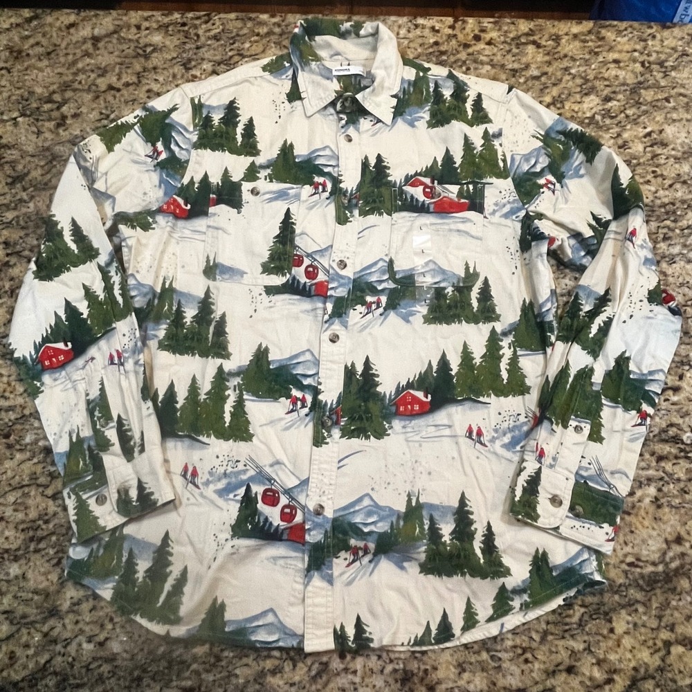 NEW Sonoma Mens Large Ski Resort Scenic Print Flannel Button Down Shirt Winter